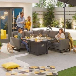 Nova Outdoor Fabric Eclipse Light Grey Compact Corner Dining Set with Firepit Table