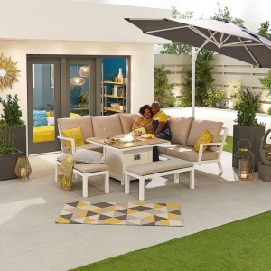 Nova Outdoor Fabric Vogue White Frame Aluminium Corner Dining Set with Firepit Table and Benches