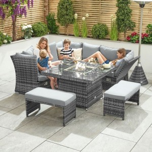 Nova Garden Furniture Cambridge Grey Weave Compact Reclining Corner Dining Set with Firepit