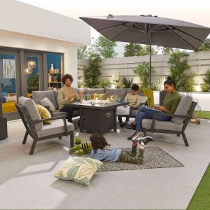 Nova Outdoor Fabric Vogue Grey Frame Aluminium Corner Dining Set with Firepit Table and Lounge Chairs