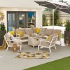 Nova Outdoor Fabric Vogue White Frame Aluminium Corner Dining Set with Firepit Table and Lounge Chairs