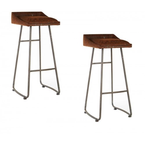 New Foundry Industrial Furniture Brown Leather Effect Bar Stool (Pair)