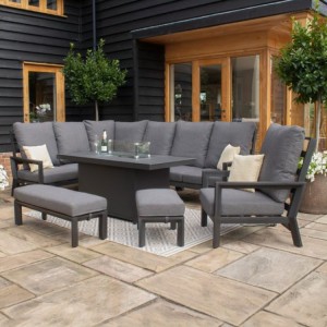 Maze Lounge Outdoor Fabric Manhattan Charcoal Reclining Corner Dining Set with Fire Pit Table & Armchair