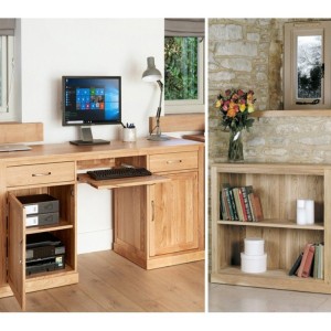 Mobel Oak Large Hidden Computer Desk & Low Wide Bookcase