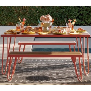 Novogratz Furniture Paulette Red Outdoor/Indoor 5' Metal Frame Resin Wood Effect Top Table and Bench Set