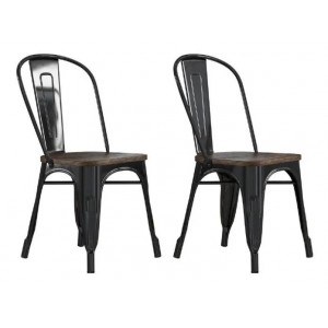 Fusion Metal Furniture Black Dining Chair with Wood Seat in Pair