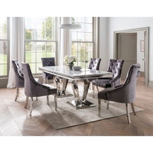Vida Living Arturo Grey Marble 180cm Dining Table & 6 Belvedere Pewter Chairs