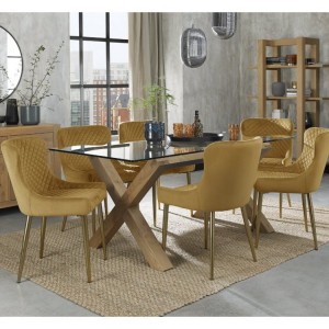 Bentley Designs Turin Clear Tempered Glass 6 Seater Light Oak Legs Dining Table with 6 Cezanne Mustard Velvet Matt-Gold Plated Fabric Chairs