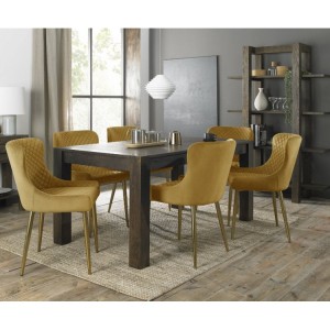 Bentley Designs Turin Dark Oak 6-8 Seater Dining Table With 6 Cezanne Mustard Velvet Gold Plated Legs Chairs