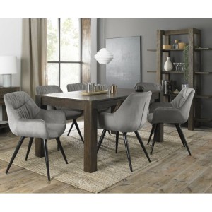 Bentley Designs Turin Dark Oak 6-8 Seater Dining Table With 6 Dali Grey Velvet Fabric Chairs