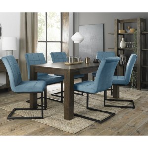 Bentley Designs Turin Dark Oak 6-8 Seater Dining Table With 6 Lewis Petrol Blue Velvet Cantilever Chairs