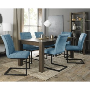 Bentley Designs Turin Dark Oak 8-10 Seater Dining Table With 6 Lewis Petrol Blue Velvet Cantilever Chairs