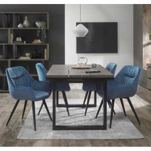 Bentley Designs Tivoli Weathered Oak 4-6 Seater Dining Table With 4 Dali Petrol Blue Velvet Fabric Chairs
