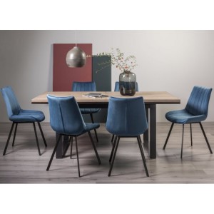 Bentley Designs Tivoli Weathered Oak 6-8 Seater Dining Table With 6 Fontana Blue Velvet Fabric Chairs
