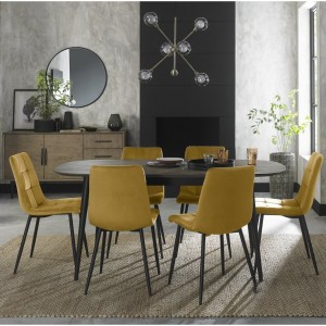 Bentley Designs Vintage Weathered Oak 6-8 Seater Dining Table with 6 Mondrian Mustard Velvet Fabric Chairs