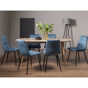 Bentley Designs Dansk Scandi Oak 6 Seater Dining Table With 6 Mondrian Petrol Blue Velvet Fabric Chairs