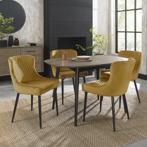 Bentley Designs Vintage Weathered Oak 4 Seater Dining Table with 4 Cezanne Mustard Velvet Fabric Chairs