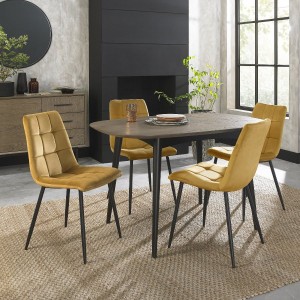 Bentley Designs Vintage Weathered Oak 4 Seater Dining Table with 4 Mondrian Mustard Velvet Fabric Chairs