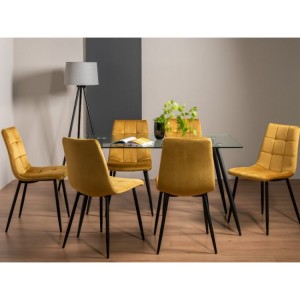 Bentley Designs Martini Clear Tempered Glass 6 Seater Dining Table With 6 Mondrian Mustard Velvet Fabric Chairs