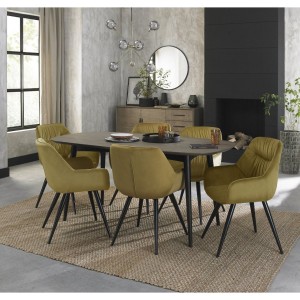 Bentley Designs Vintage Weathered Oak 6 Seater Dining Table with 6 Dali Mustard Velvet Fabric Chairs