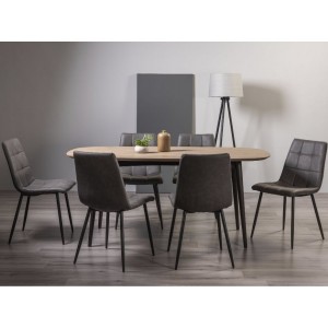 Bentley Designs Vintage Weathered Oak 6 Seater Dining Table with 6 Mondrian Dark Grey Faux Leather Chairs