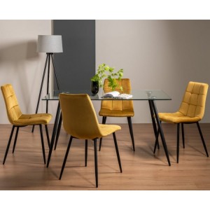 Bentley Designs Martini Clear Tempered Glass 6 Seater Dining Table With 4 Mondrian Mustard Velvet Fabric Chairs