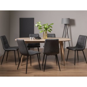 Bentley Designs Dansk Scandi Oak Furniture 6 Seater Oval Dining Table With 6 Mondrian Dark Grey Faux Leather Chairs