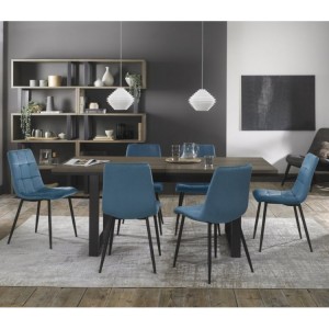 Bentley Designs Tivoli Weathered Oak 6-8 Seater Dining Table With 6 Mondrian Petrol Blue Velvet Chairs