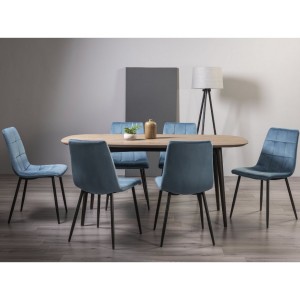 Bentley Designs Vintage Weathered Oak 6 Seater Dining Table with 6 Mondrian Petrol Blue Velvet Fabric Chairs