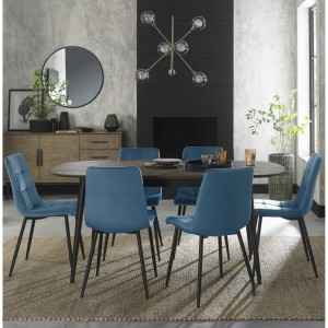 Bentley Designs Vintage Weathered Oak 6-8 Seater Dining Table with 6 Mondrian Petrol Blue Velvet Fabric Chairs
