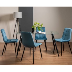 Bentley Designs Martini Clear Tempered Glass 6 Seater Dining Table With 4 Mondrian Petrol Blue Velvet Fabric Chairs