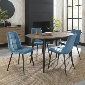 Bentley Designs Vintage Weathered Oak 4 Seater Dining Table with 4 Mondrian Petrol Blue Velvet Fabric Chairs