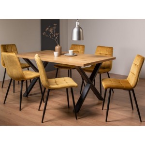 Bentley Designs Ramsay Rustic Oak Effect Melamine 6 Seater X Leg Dining Table With 6 Mondrian Mustard Velvet Fabric Chairs