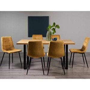 Bentley Designs Ramsay Rustic Oak Effect Melamine 6 Seater U Leg Dining Table With 6 Mondrian Mustard Velvet Fabric Chairs