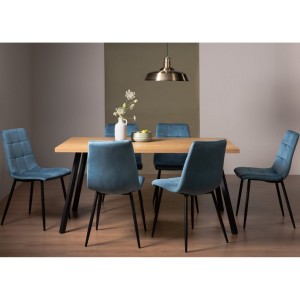 Bentley Designs Ramsay Rustic Oak Effect Melamine 6 Seater Dining Table With 6 Mondrian Petrol Blue Velvet Fabric Chairs
