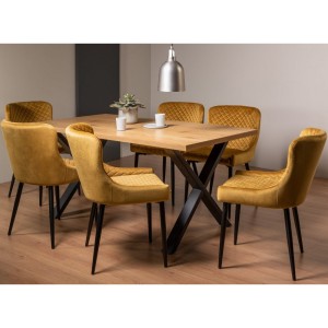 Bentley Designs Ramsay Rustic Oak Effect Melamine 6 Seater X Leg Dining Table With 6 Cezanne Mustard Velvet Fabric Chairs