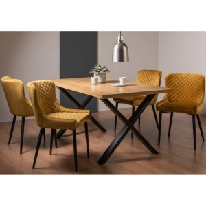 Bentley Designs Ramsay Rustic Oak Effect Melamine 6 Seater X Leg Dining Table With 4 Cezanne Mustard Velvet Fabric Chairs