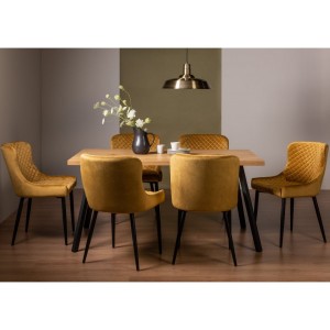 Bentley Designs Ramsay Rustic Oak Effect Melamine 6 Seater Dining Table with 6 Cezanne Mustard Velvet Fabric Chairs