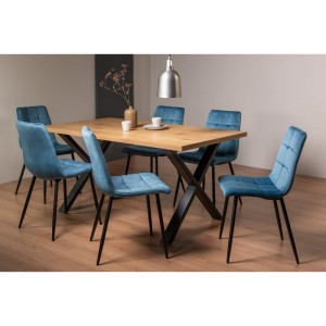Bentley Designs Ramsay Rustic Oak Effect Melamine 6 Seater X Leg Dining Table With 6 Mondrian Petrol Blue Velvet Fabric Chairs