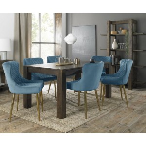 Bentley Designs Turin Dark Oak 6-8 Seater Dining Table With 6 Cezanne Petrol Blue Velvet Gold Plated Legs Chairs