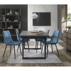 Bentley Designs Tivoli Weathered Oak 4-6 Seater Dining Table With 4 Mondrian Petrol Blue Velvet Fabric Chairs
