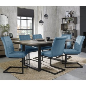 Bentley Designs Tivoli Weathered Oak 6-8 Seater Dining Table With 6 Lewis Petrol Blue Velvet Cantilever Chairs