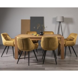Bentley Designs Turin Light Oak 6 Seater Dining Table With 6 Dali Mustard Velvet Fabric Chairs