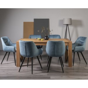 Bentley Designs Turin Light Oak 6 Seater Dining Table With 6 Dali Petrol blue Velvet Fabric Chairs