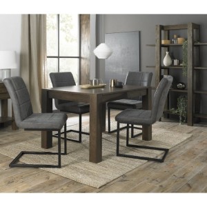 Bentley Designs Turin Dark Oak 4-6 Seater Dining Table With 4 Lewis Distressed Grey Fabric Cantilever Chairs