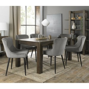 Bentley Designs Turin Dark Oak 6-8 Seater Dining Table With 6 Cezanne Grey Velvet Fabric Chairs