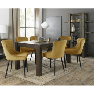 Bentley Designs Turin Dark Oak 6-8 Seater Dining Table With 6 Cezanne Mustard Velvet Fabric Chairs