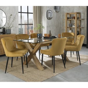 Bentley Designs Turin Clear Tempered Glass 6 Seater Light Oak Legs Dining Table With 6 Cezanne Mustard Velvet Fabric Chairs
