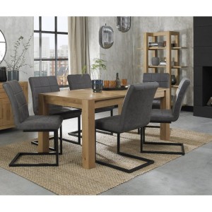 Bentley Designs Turin Light Oak 6 Seater Dining Table With 6 Lewis Distressed Dark Grey Fabric Cantilever Chairs
