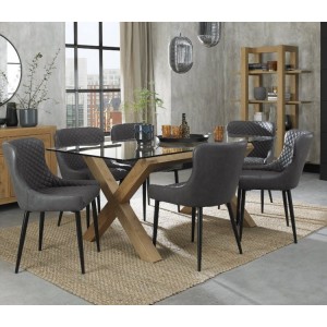 Bentley Designs Turin Clear Tempered Glass 6 Seater Light Oak Legs Dining Table With 6 Cezanne Dark Grey Faux Leather Chairs